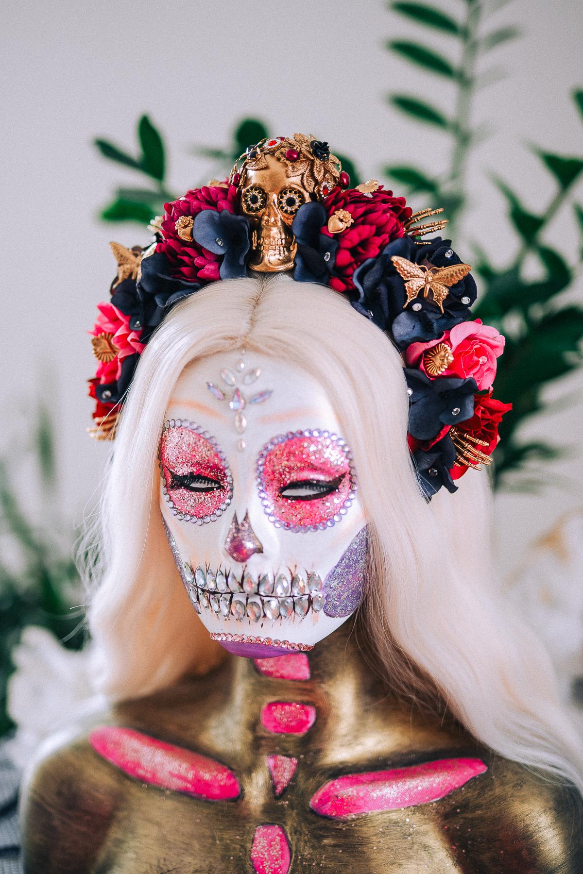 La Catrina Pink Floral Crown, Día de los Muertos Headpiece, Mexican Flower Crown, Sugar Skull Crown, Artisan Statement Crown