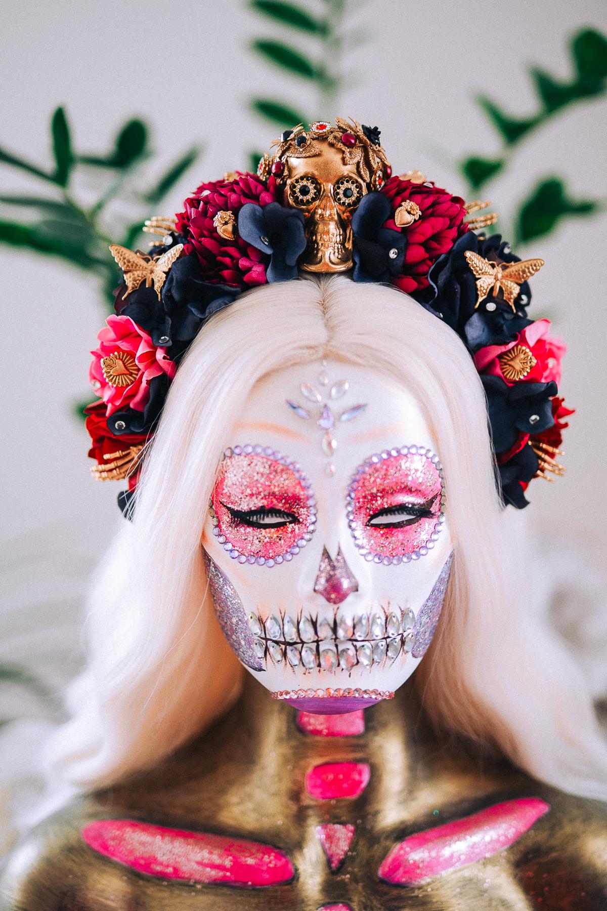 La Catrina Pink Floral Crown, Día de los Muertos Headpiece, Mexican Flower Crown, Sugar Skull Crown, Artisan Statement Crown
