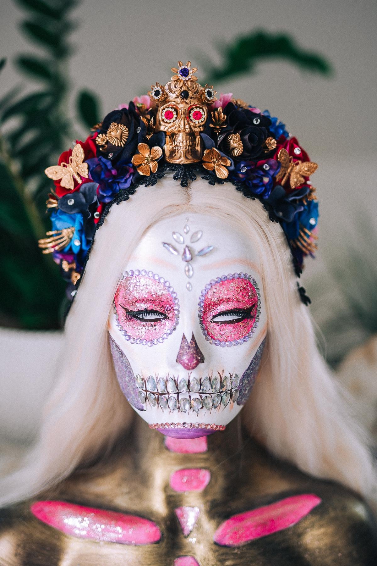La Catrina Sapphire Bloom Crown, Día de los Muertos Headpiece, Mexican Floral Crown, Sugar Skull Crown, Couture Flower Crown