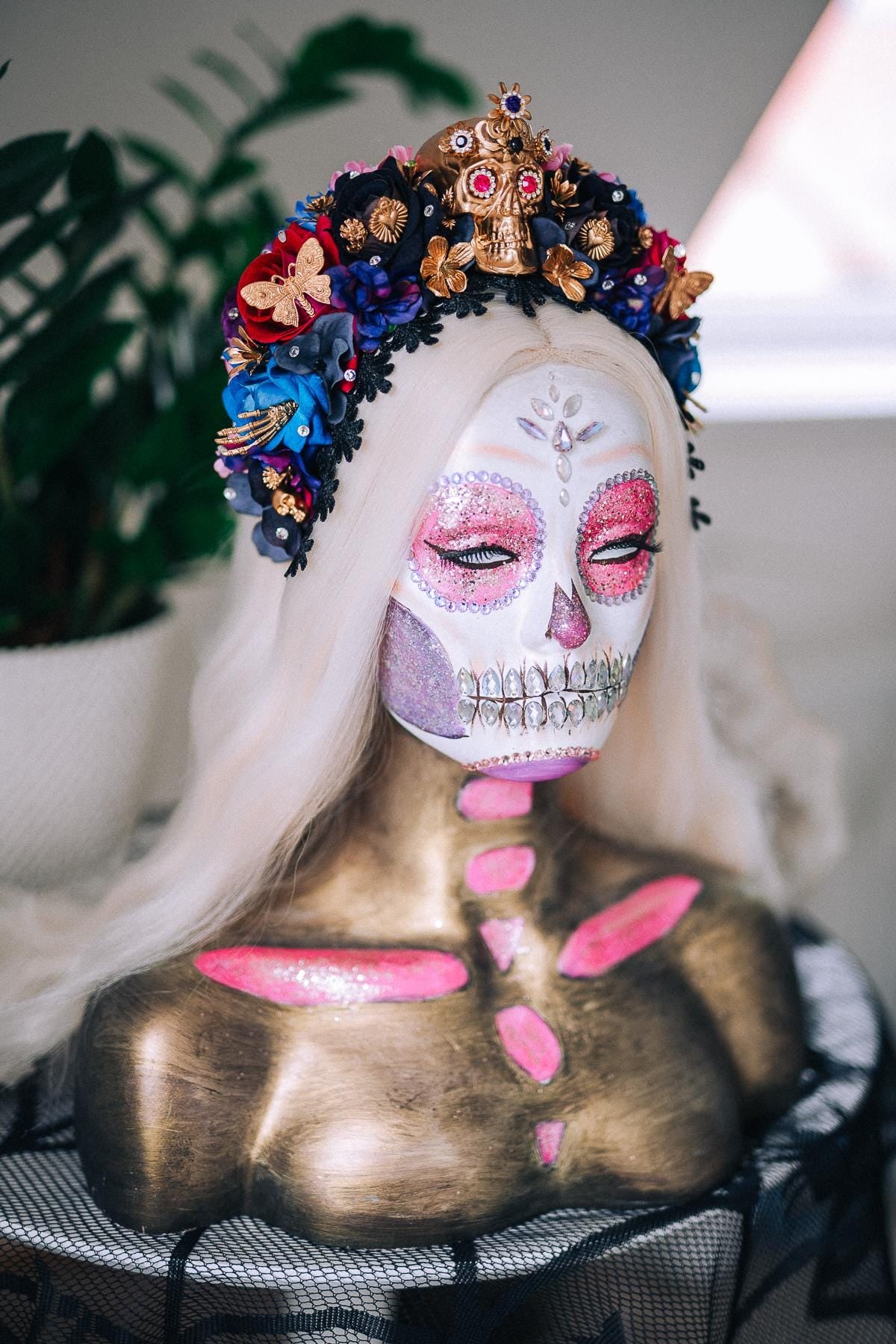 La Catrina Sapphire Bloom Crown, Día de los Muertos Headpiece, Mexican Floral Crown, Sugar Skull Crown, Couture Flower Crown