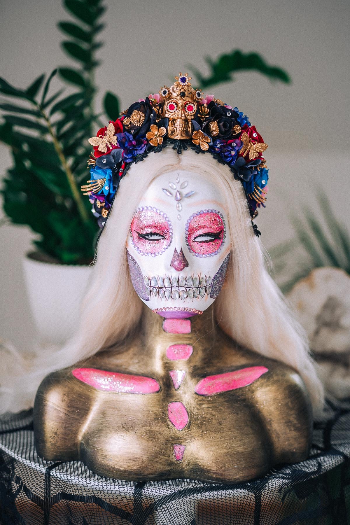 La Catrina Sapphire Bloom Crown, Día de los Muertos Headpiece, Mexican Floral Crown, Sugar Skull Crown, Couture Flower Crown
