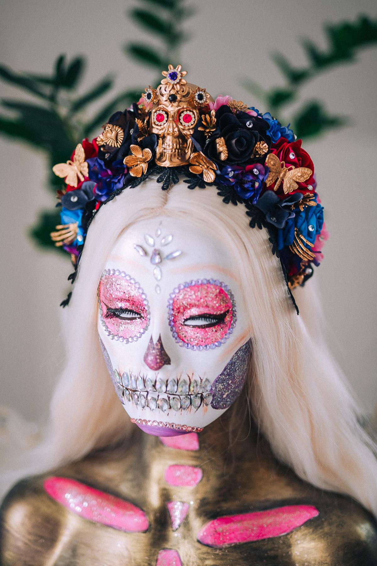 La Catrina Sapphire Bloom Crown, Día de los Muertos Headpiece, Mexican Floral Crown, Sugar Skull Crown, Couture Flower Crown