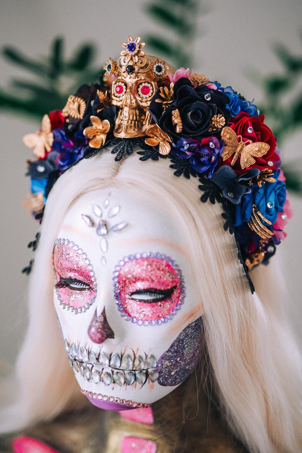 La Catrina Sapphire Bloom Crown, Día de los Muertos Headpiece, Mexican Floral Crown, Sugar Skull Crown, Couture Flower Crown