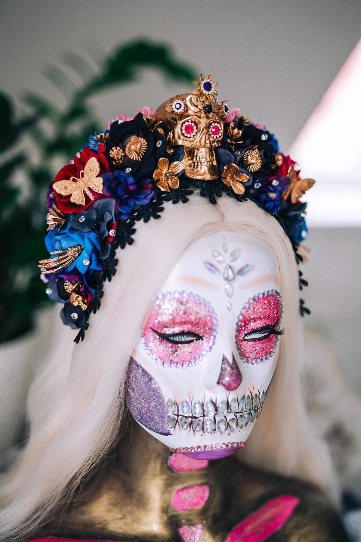 La Catrina Sapphire Bloom Crown, Día de los Muertos Headpiece, Mexican Floral Crown, Sugar Skull Crown, Couture Flower Crown