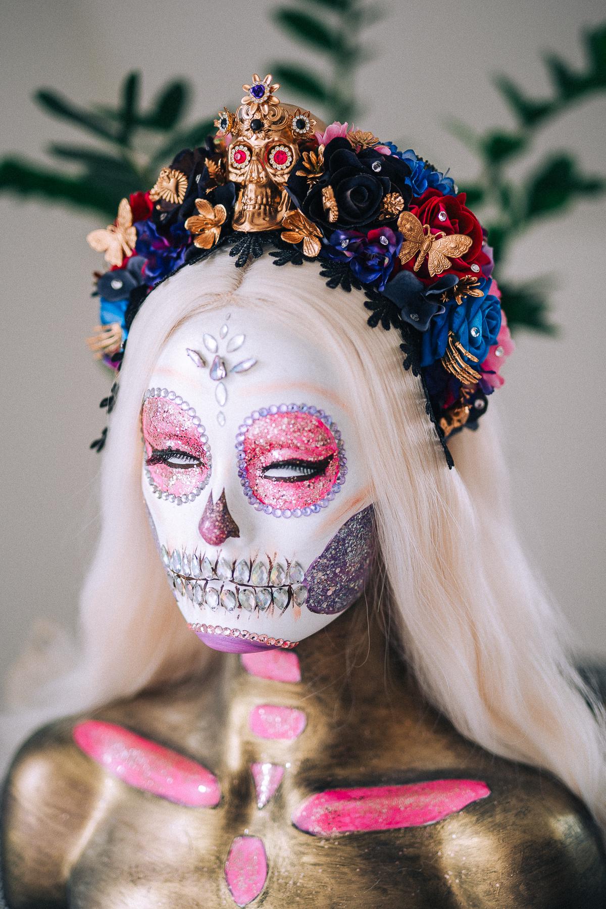 La Catrina Sapphire Bloom Crown, Día de los Muertos Headpiece, Mexican Floral Crown, Sugar Skull Crown, Couture Flower Crown