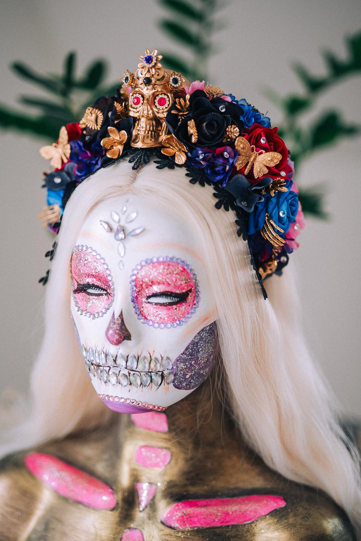 La Catrina Sapphire Bloom Crown, Día de los Muertos Headpiece, Mexican Floral Crown, Sugar Skull Crown, Couture Flower Crown