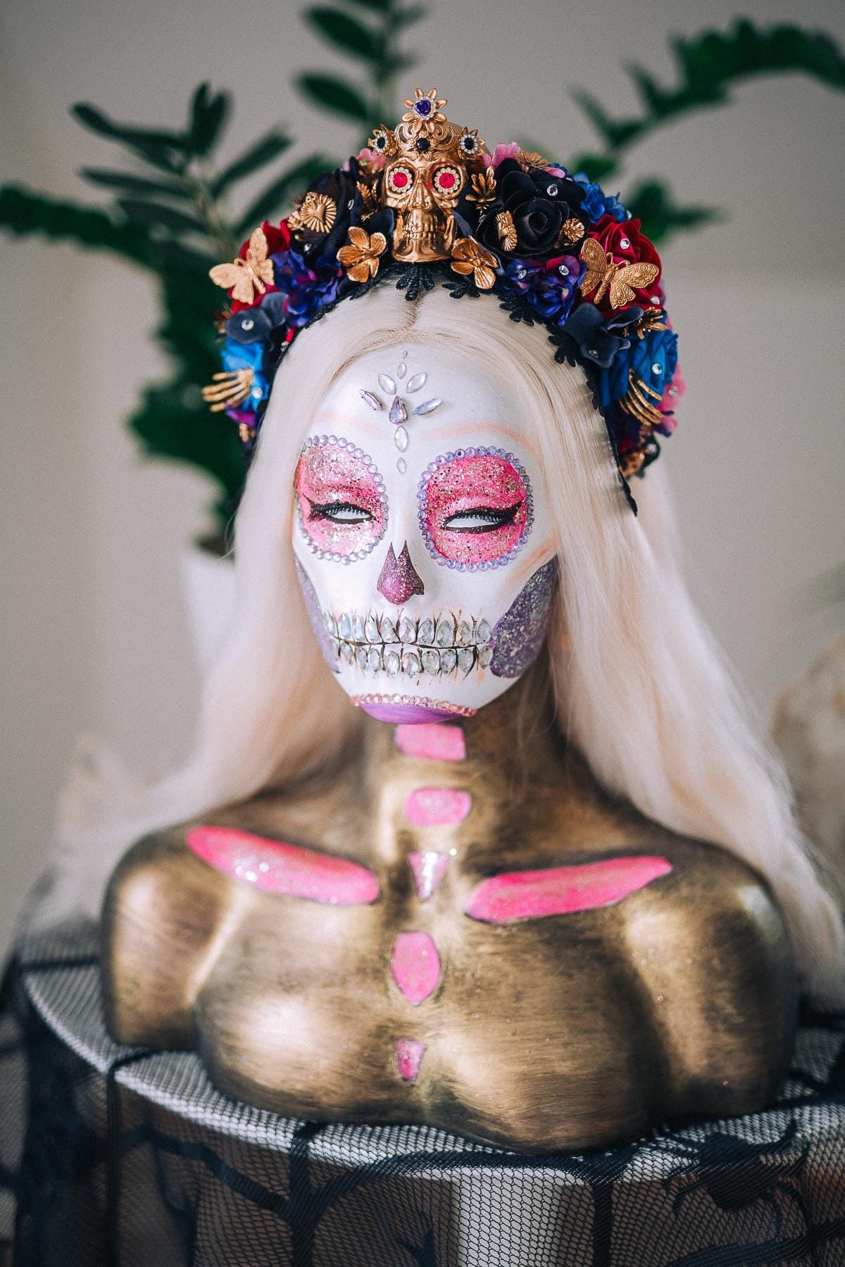 La Catrina Sapphire Bloom Crown, Día de los Muertos Headpiece, Mexican Floral Crown, Sugar Skull Crown, Couture Flower Crown