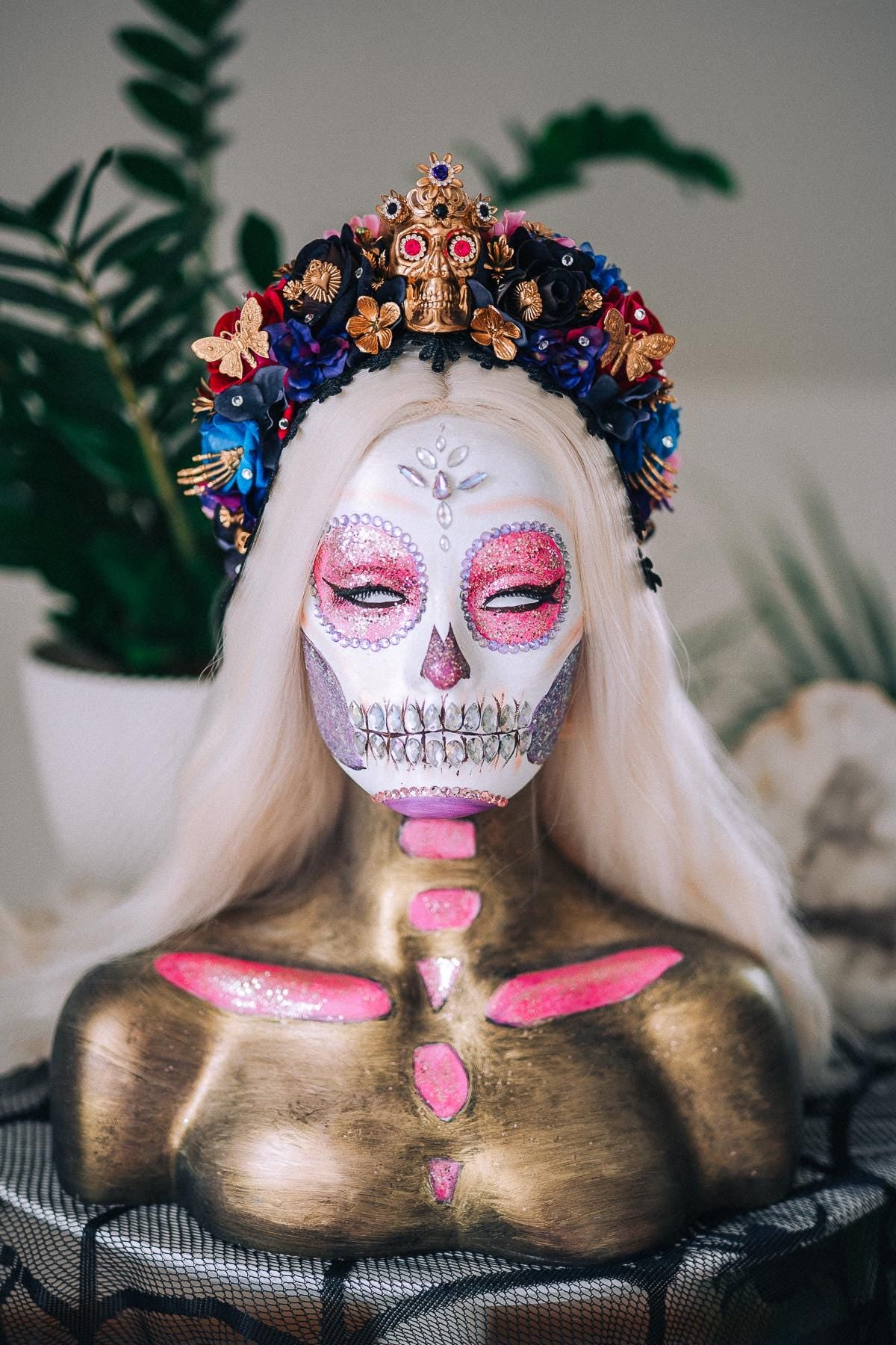 La Catrina Sapphire Bloom Crown, Día de los Muertos Headpiece, Mexican Floral Crown, Sugar Skull Crown, Couture Flower Crown