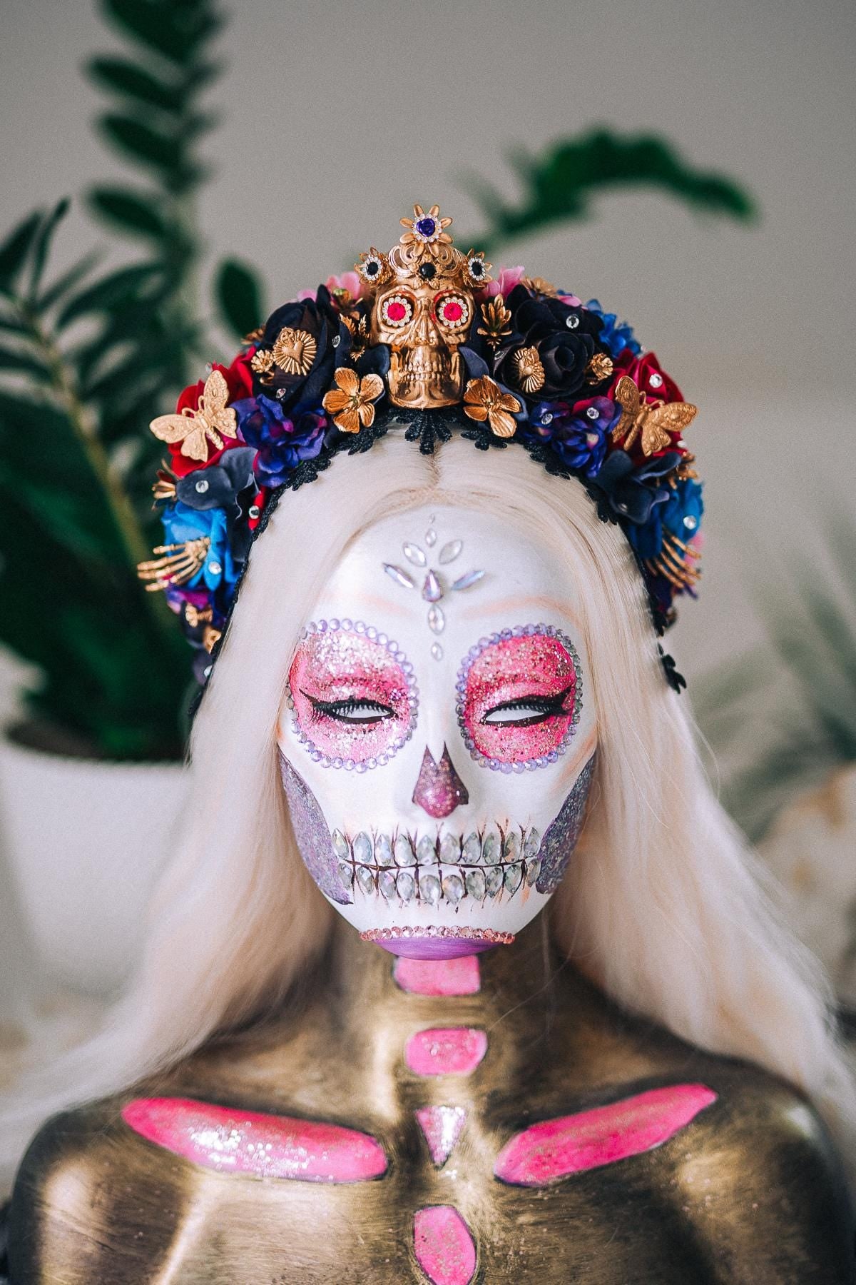 La Catrina Sapphire Bloom Crown, Día de los Muertos Headpiece, Mexican Floral Crown, Sugar Skull Crown, Couture Flower Crown
