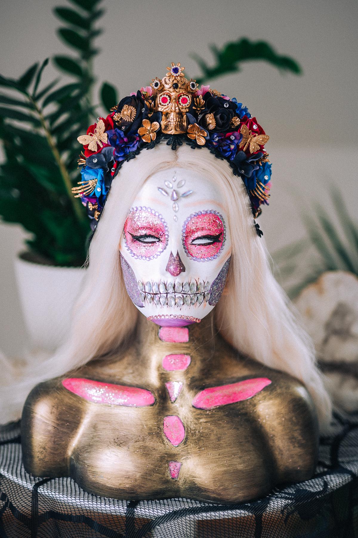 La Catrina Sapphire Bloom Crown, Día de los Muertos Headpiece, Mexican Floral Crown, Sugar Skull Crown, Couture Flower Crown