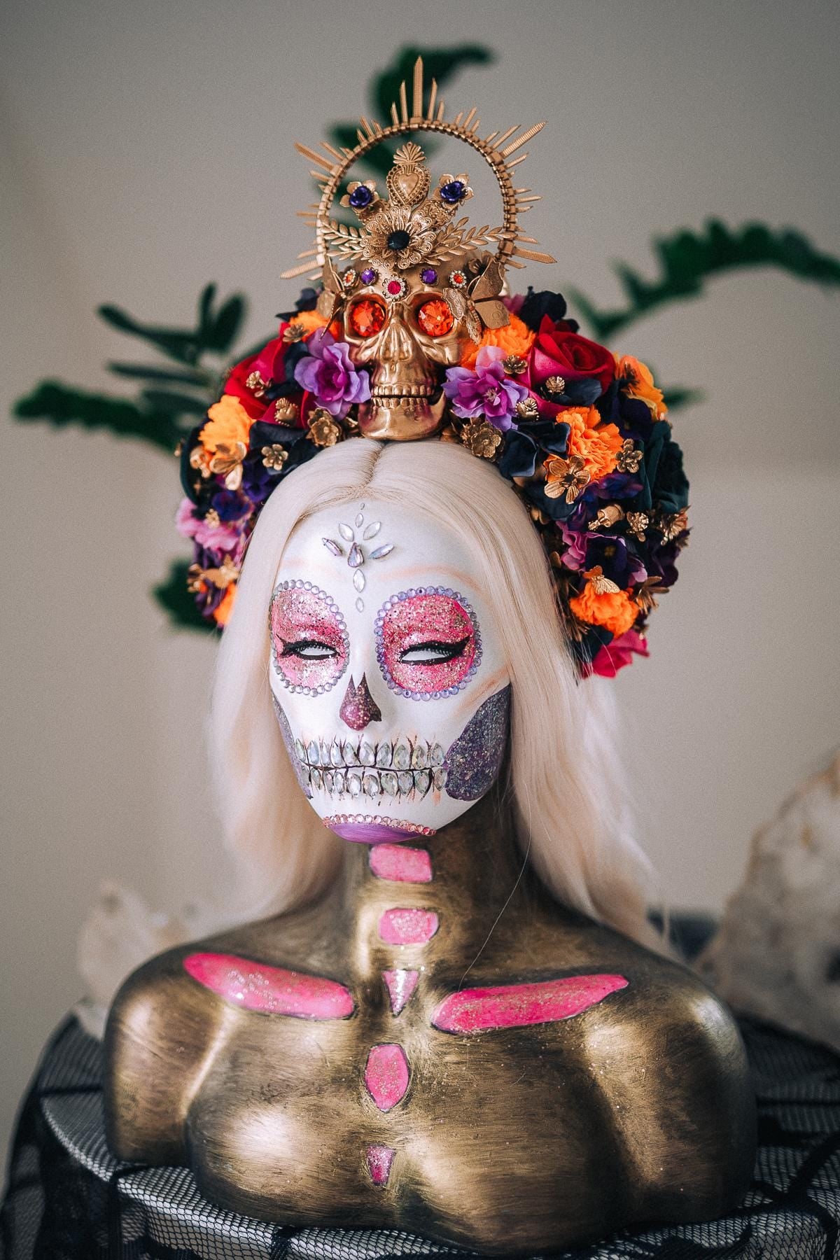 La Catrina Midnight Blossom Crown, Día de los Muertos Headpiece, Mexican Floral Crown, Sugar Skull Crown, Luxury Flower Crown