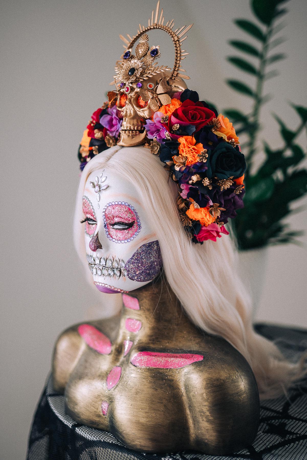La Catrina Midnight Blossom Crown, Día de los Muertos Headpiece, Mexican Floral Crown, Sugar Skull Crown, Luxury Flower Crown