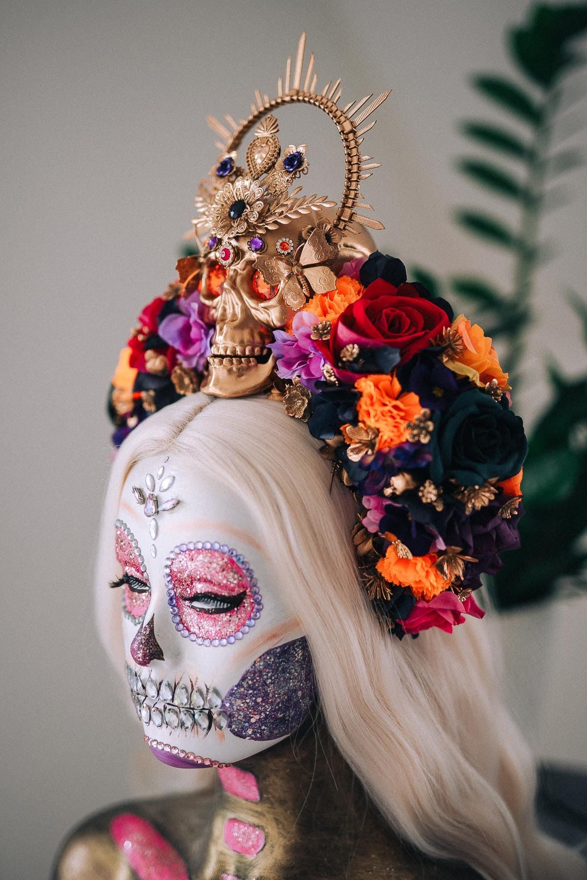 La Catrina Midnight Blossom Crown, Día de los Muertos Headpiece, Mexican Floral Crown, Sugar Skull Crown, Luxury Flower Crown
