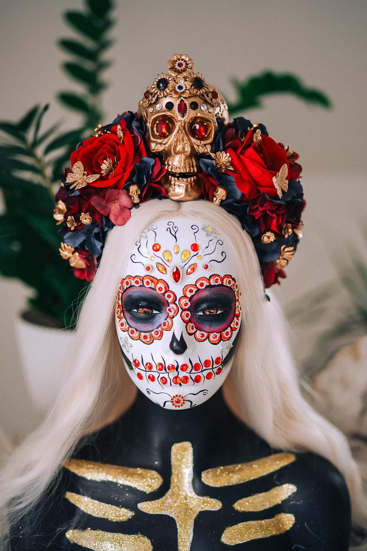 La Catrina Royal Ruby Crown, Día de los Muertos Headpiece, Mexican Floral Crown, Sugar Skull Crown, Luxury Flower Crown