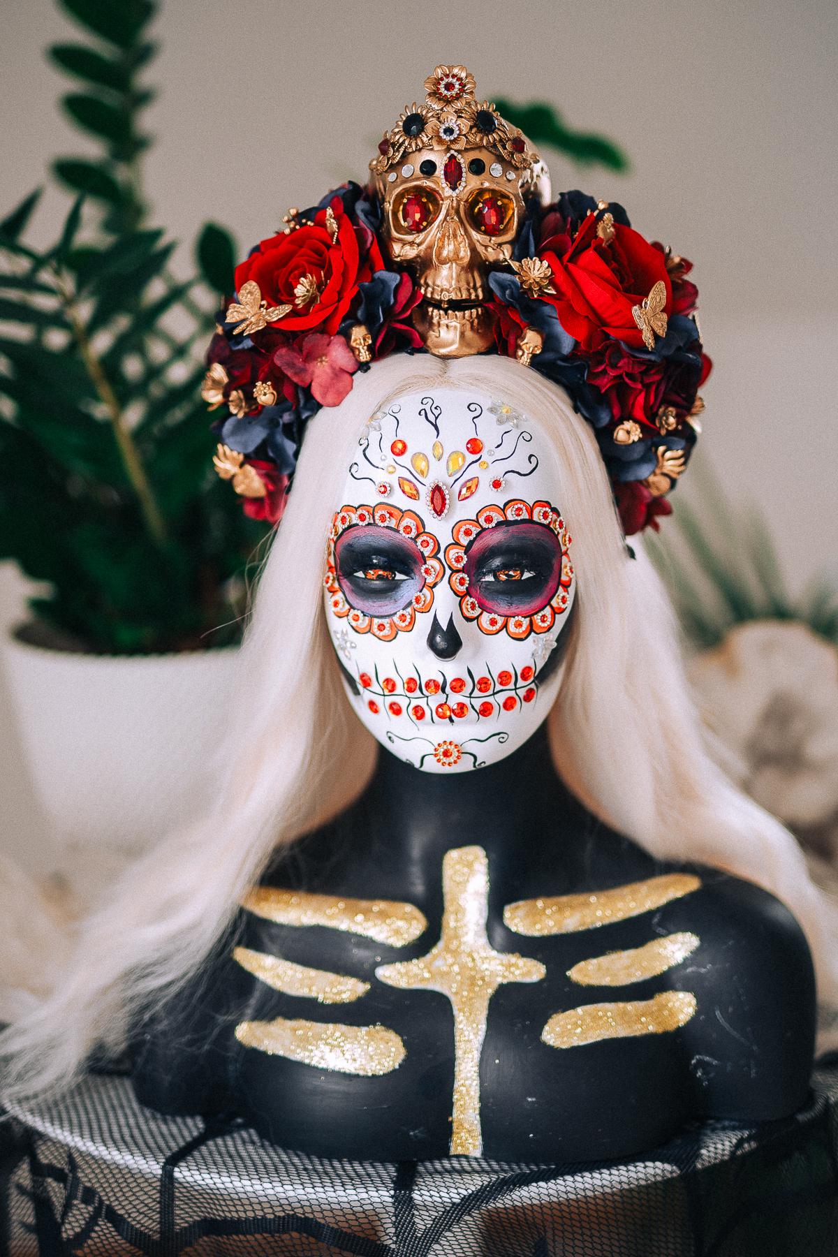 La Catrina Royal Ruby Crown, Día de los Muertos Headpiece, Mexican Floral Crown, Sugar Skull Crown, Luxury Flower Crown