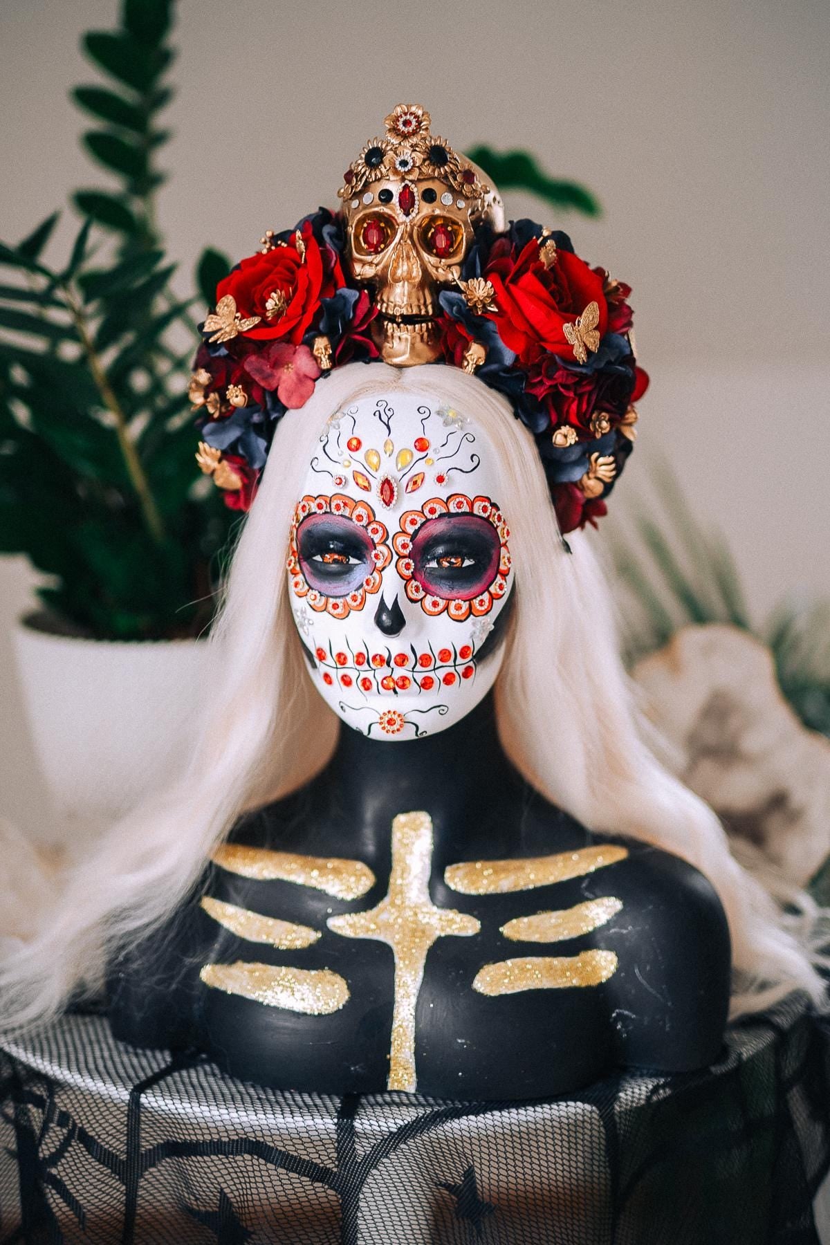 La Catrina Royal Ruby Crown, Día de los Muertos Headpiece, Mexican Floral Crown, Sugar Skull Crown, Luxury Flower Crown