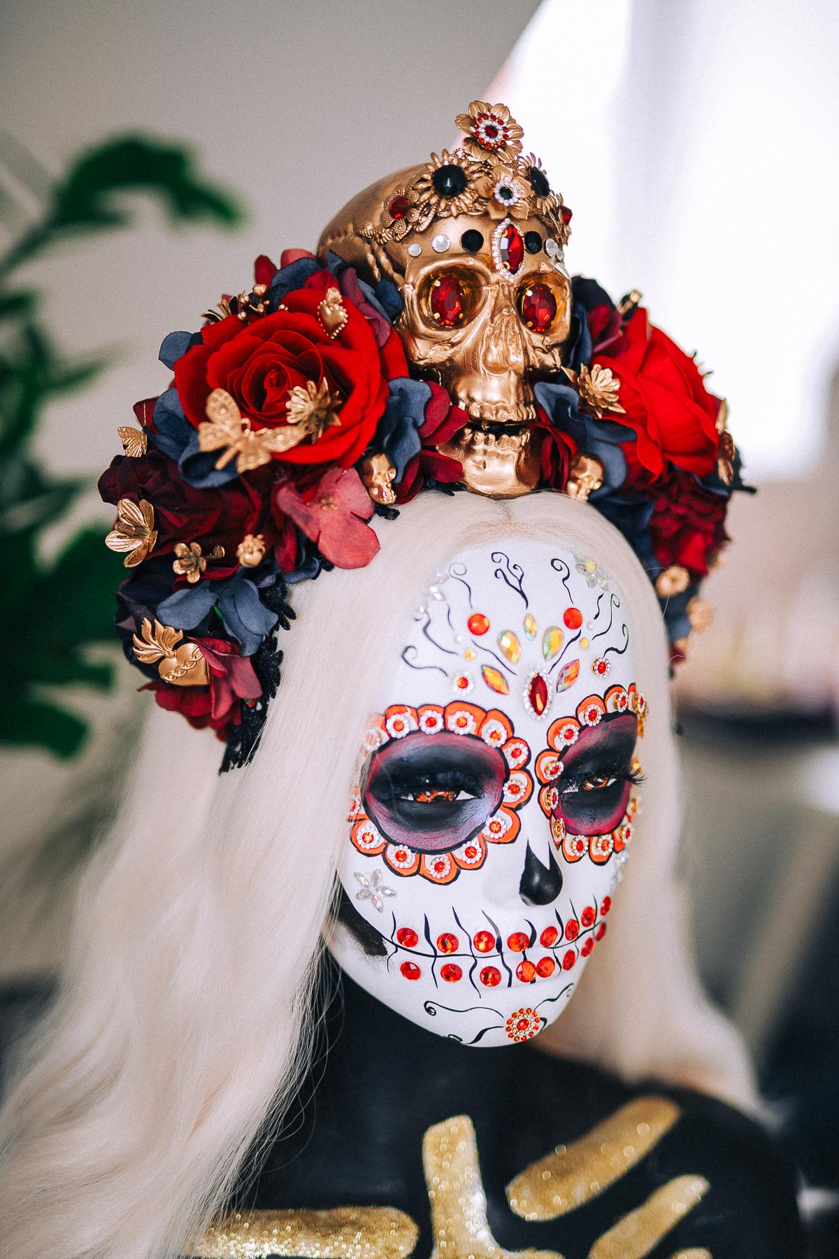 La Catrina Royal Ruby Crown, Día de los Muertos Headpiece, Mexican Floral Crown, Sugar Skull Crown, Luxury Flower Crown