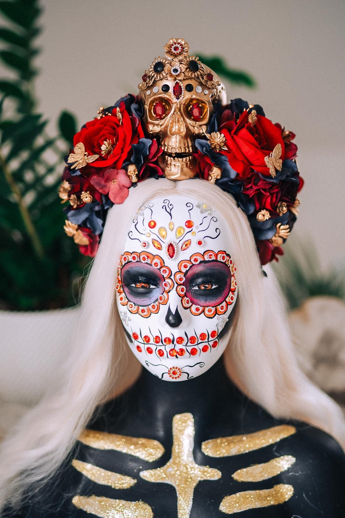 La Catrina Royal Ruby Crown, Día de los Muertos Headpiece, Mexican Floral Crown, Sugar Skull Crown, Luxury Flower Crown
