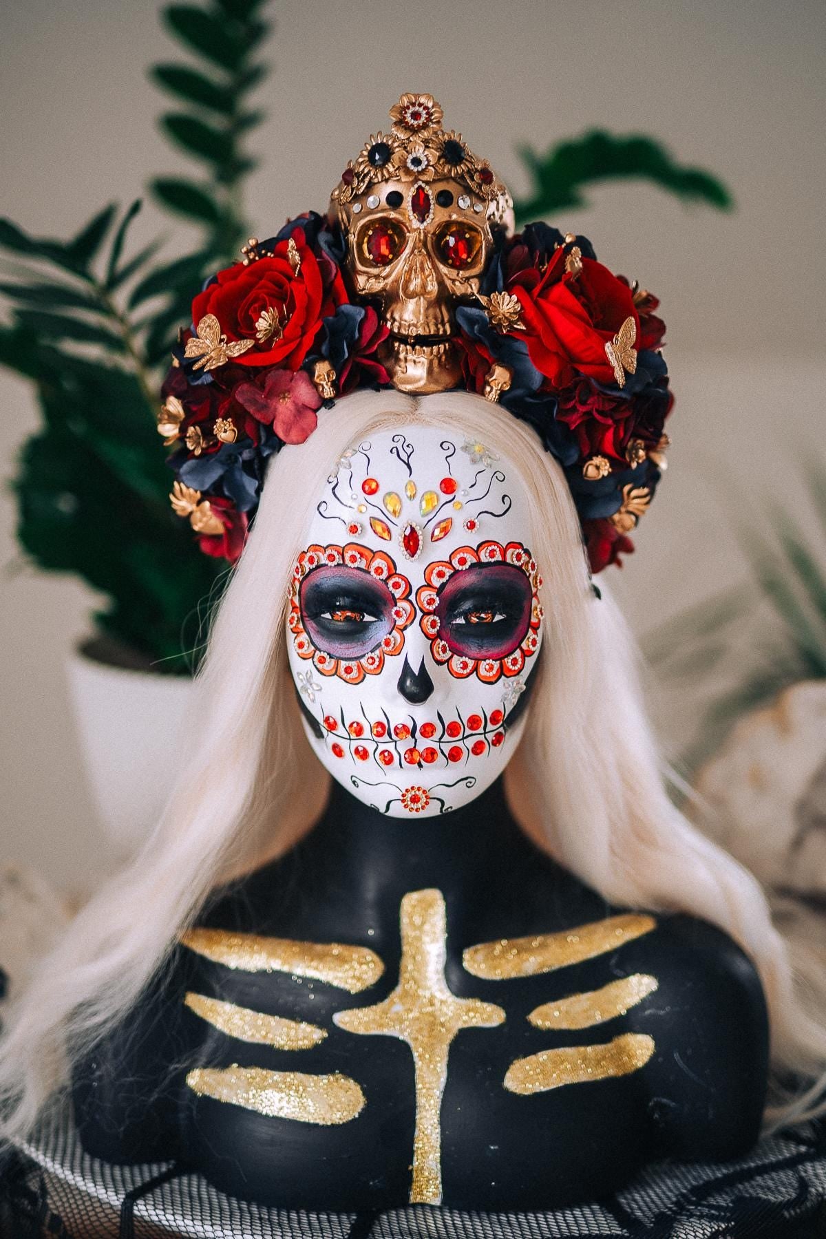 La Catrina Royal Ruby Crown, Día de los Muertos Headpiece, Mexican Floral Crown, Sugar Skull Crown, Luxury Flower Crown