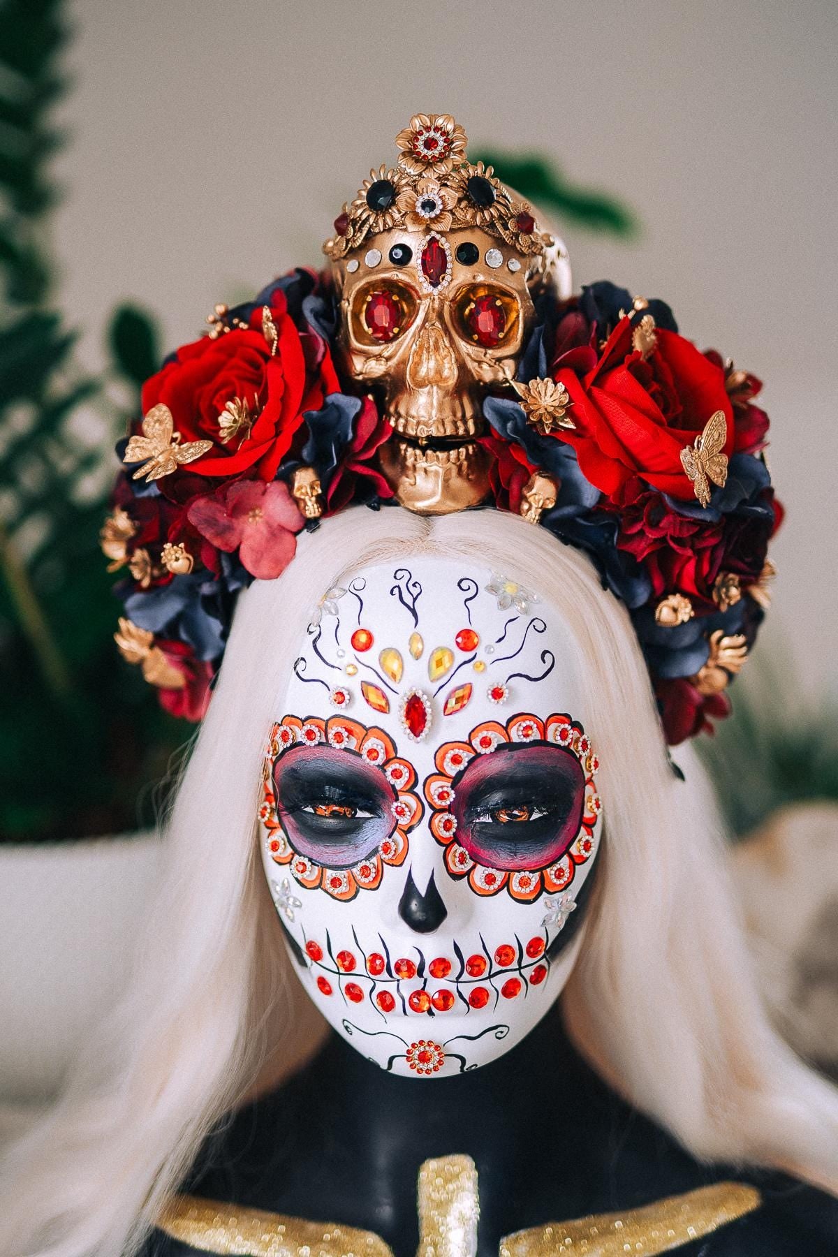 La Catrina Royal Ruby Crown, Día de los Muertos Headpiece, Mexican Floral Crown, Sugar Skull Crown, Luxury Flower Crown