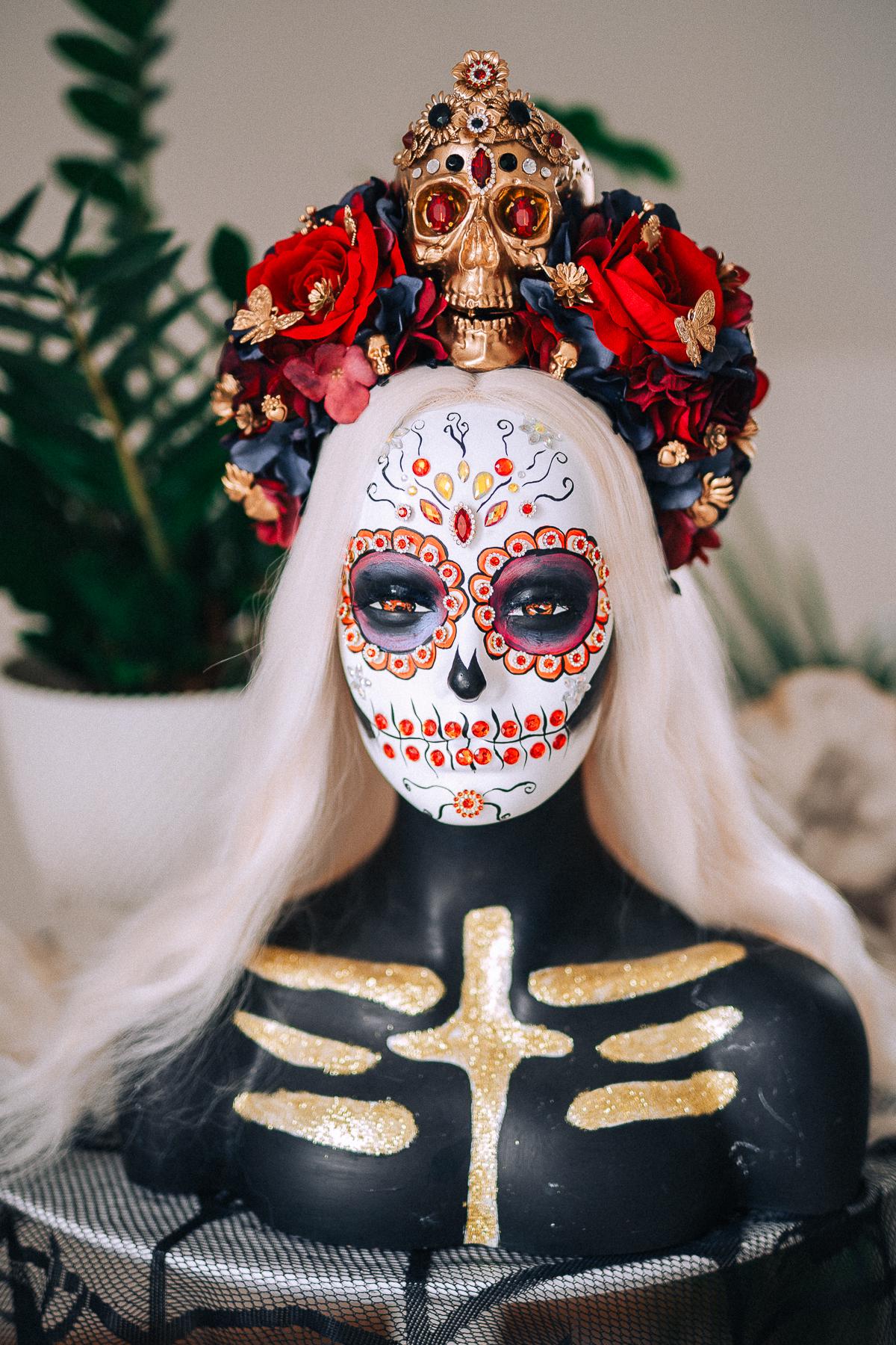 La Catrina Royal Ruby Crown, Día de los Muertos Headpiece, Mexican Floral Crown, Sugar Skull Crown, Luxury Flower Crown