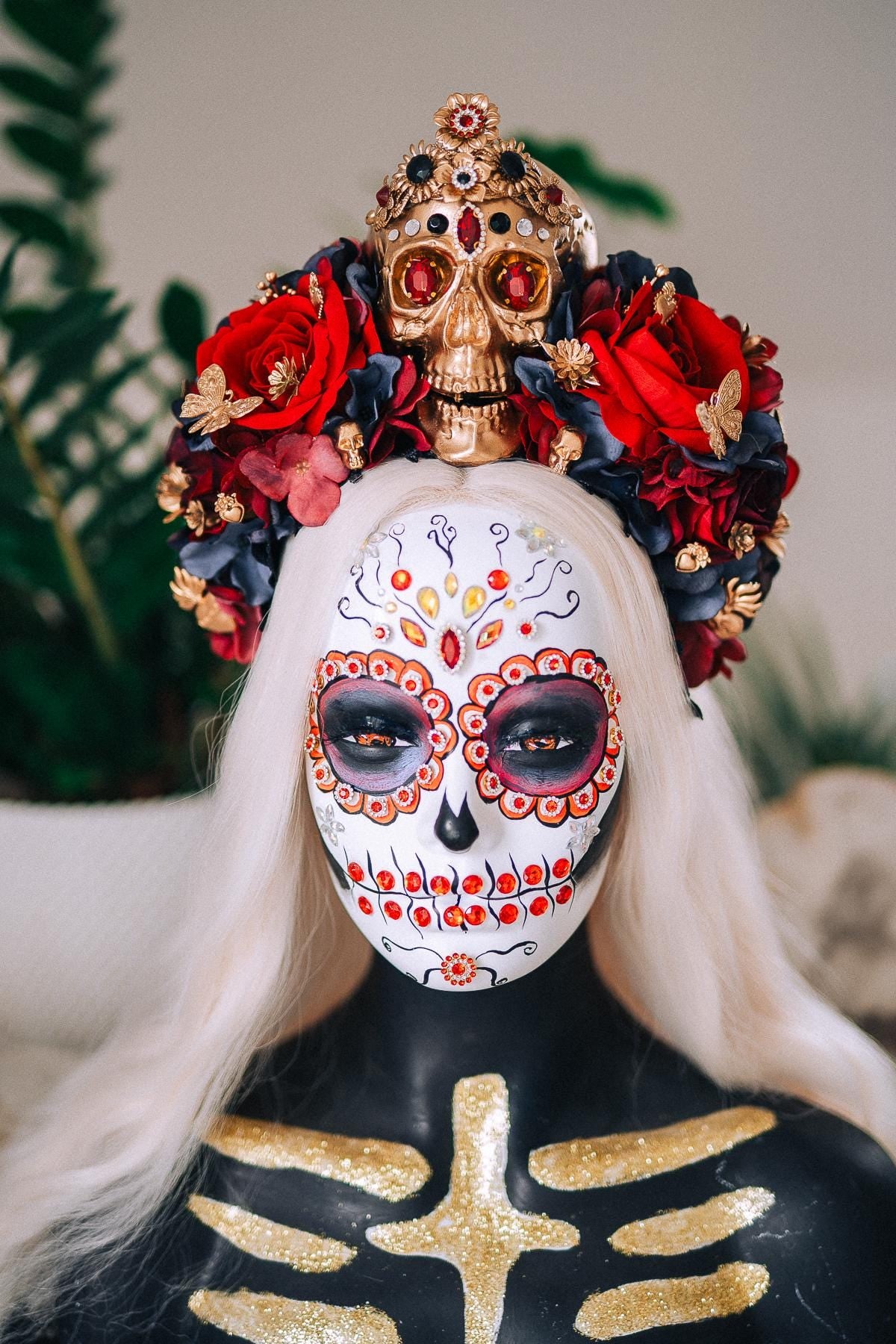 La Catrina Royal Ruby Crown, Día de los Muertos Headpiece, Mexican Floral Crown, Sugar Skull Crown, Luxury Flower Crown