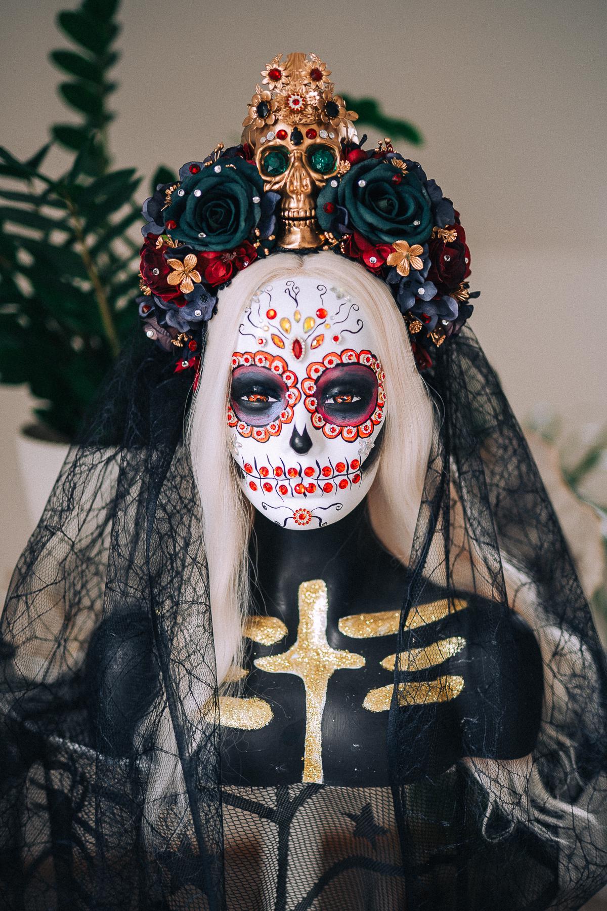 La Catrina Emerald Veil Crown, Día de los Muertos Veil Headpiece, Mexican Floral Crown, Sugar Skull Crown, Couture Bridal Veil