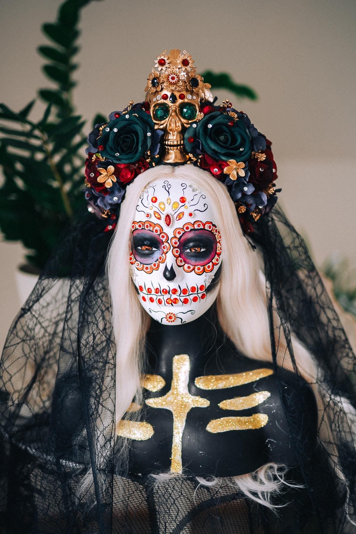 La Catrina Emerald Veil Crown, Día de los Muertos Veil Headpiece, Mexican Floral Crown, Sugar Skull Crown, Couture Bridal Veil