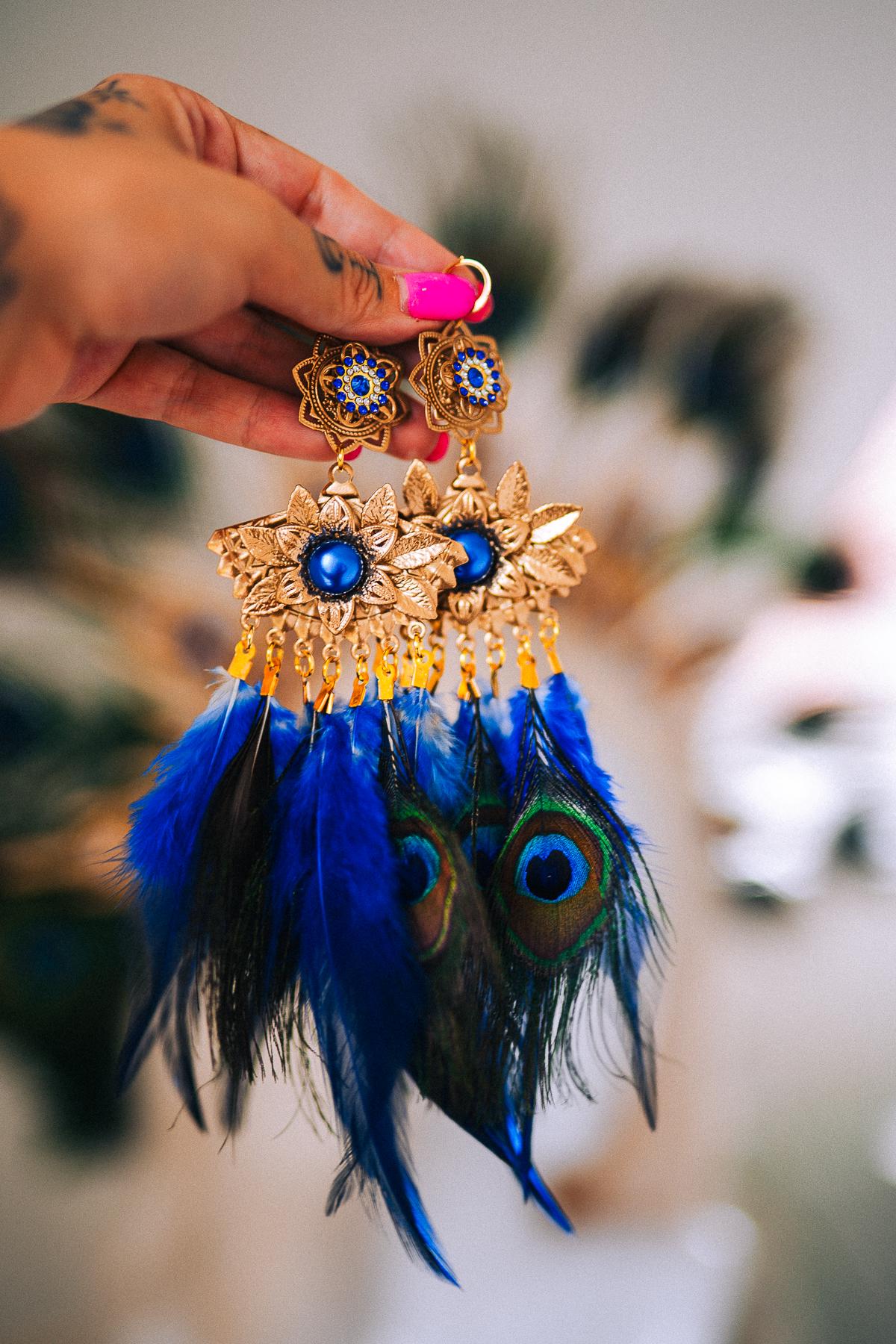 Peacock Feather Earrings, Blue Masquerade Earrings, Fantasy Ball Jewelry, Royal Blue Statement Earrings, Venetian Mask Ball Accessories