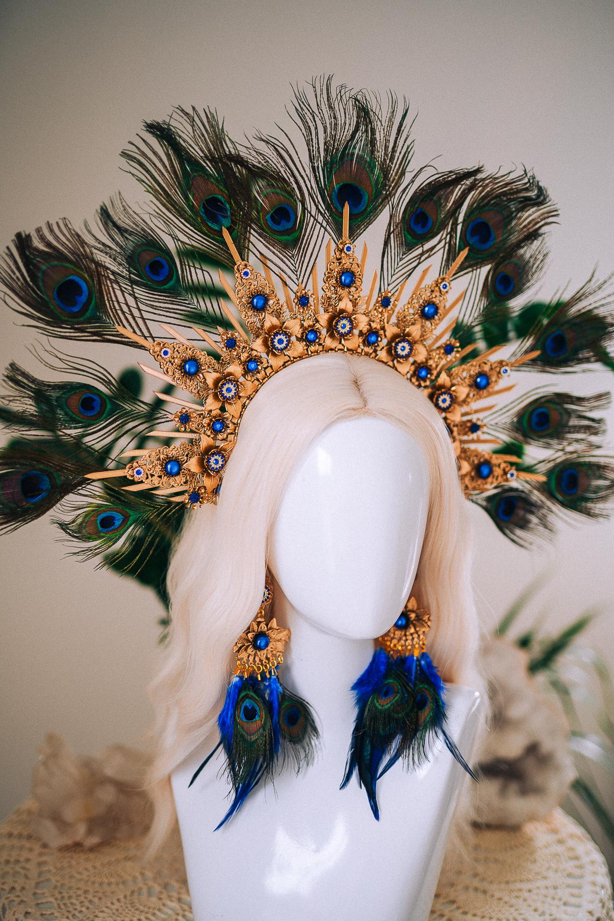 Peacock Feather Earrings, Blue Masquerade Earrings, Fantasy Ball Jewelry, Royal Blue Statement Earrings, Venetian Mask Ball Accessories
