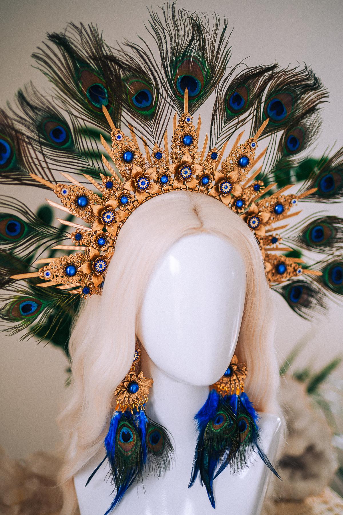 Peacock Feather Earrings, Blue Masquerade Earrings, Fantasy Ball Jewelry, Royal Blue Statement Earrings, Venetian Mask Ball Accessories