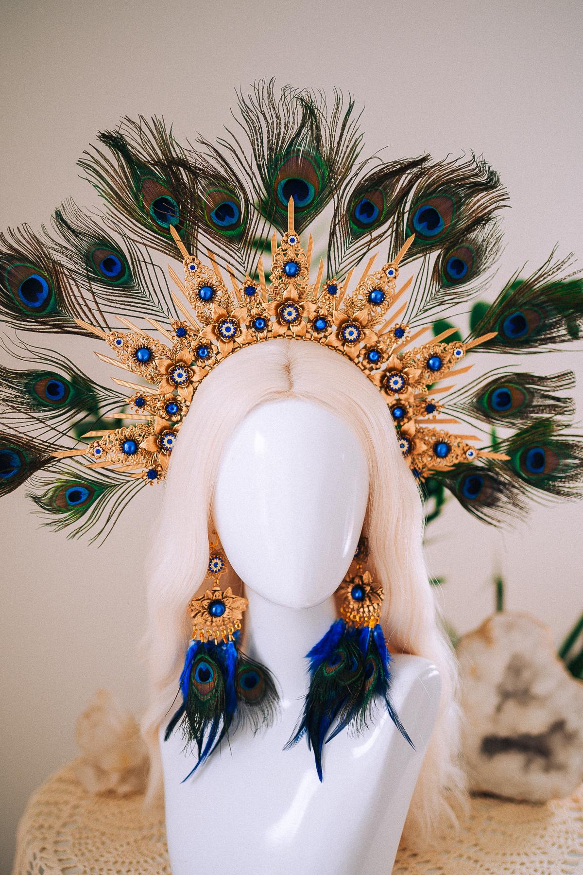 Peacock Feather Earrings, Blue Masquerade Earrings, Fantasy Ball Jewelry, Royal Blue Statement Earrings, Venetian Mask Ball Accessories