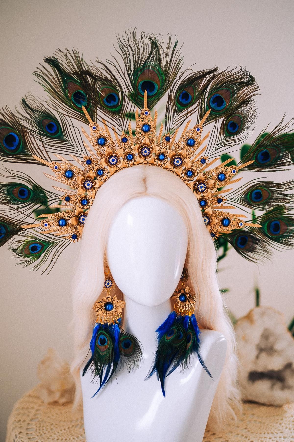 Peacock Feather Halo Crown, Blue Fantasy Crown, Masquerade Headpiece, Venetian Ball Crown, Royal Blue Goddess Headpiece