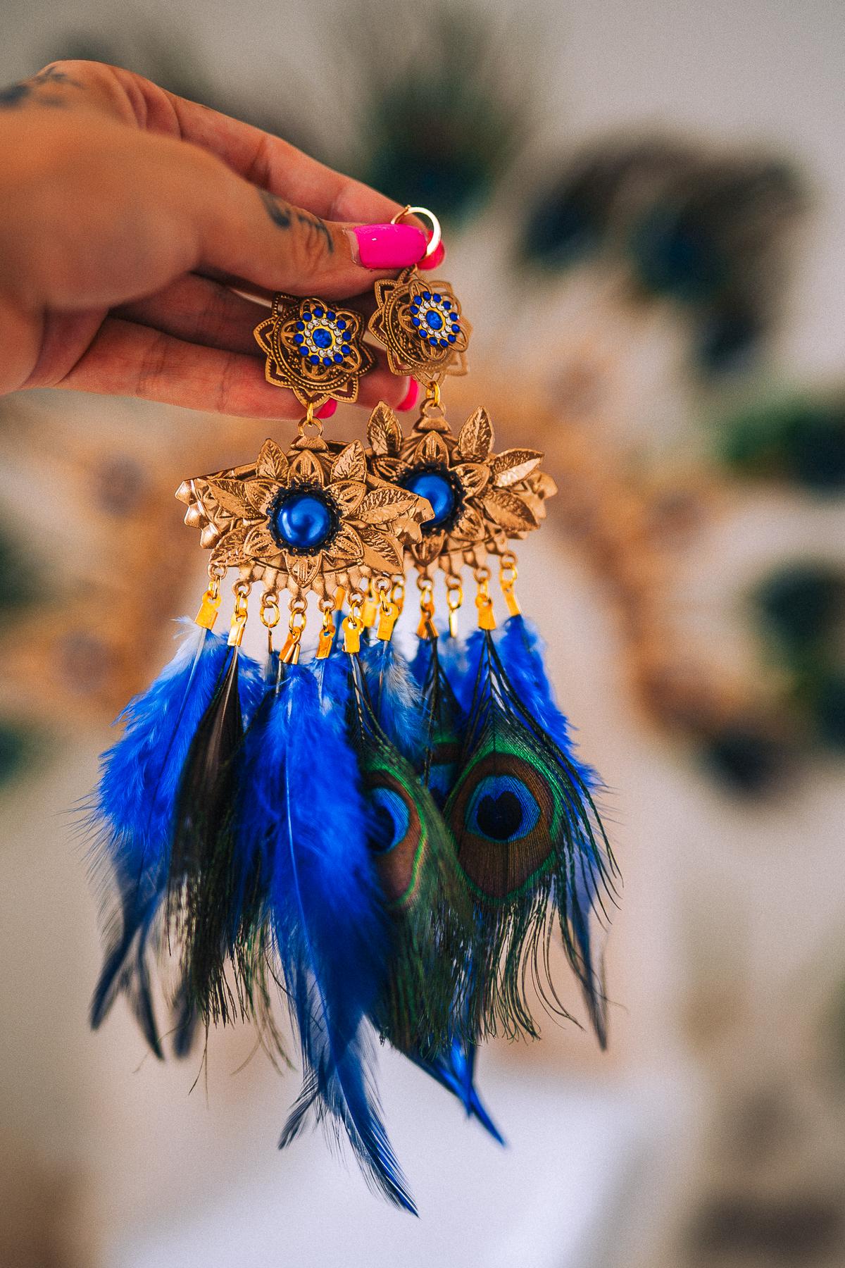 Peacock Feather Earrings, Blue Masquerade Earrings, Fantasy Ball Jewelry, Royal Blue Statement Earrings, Venetian Mask Ball Accessories