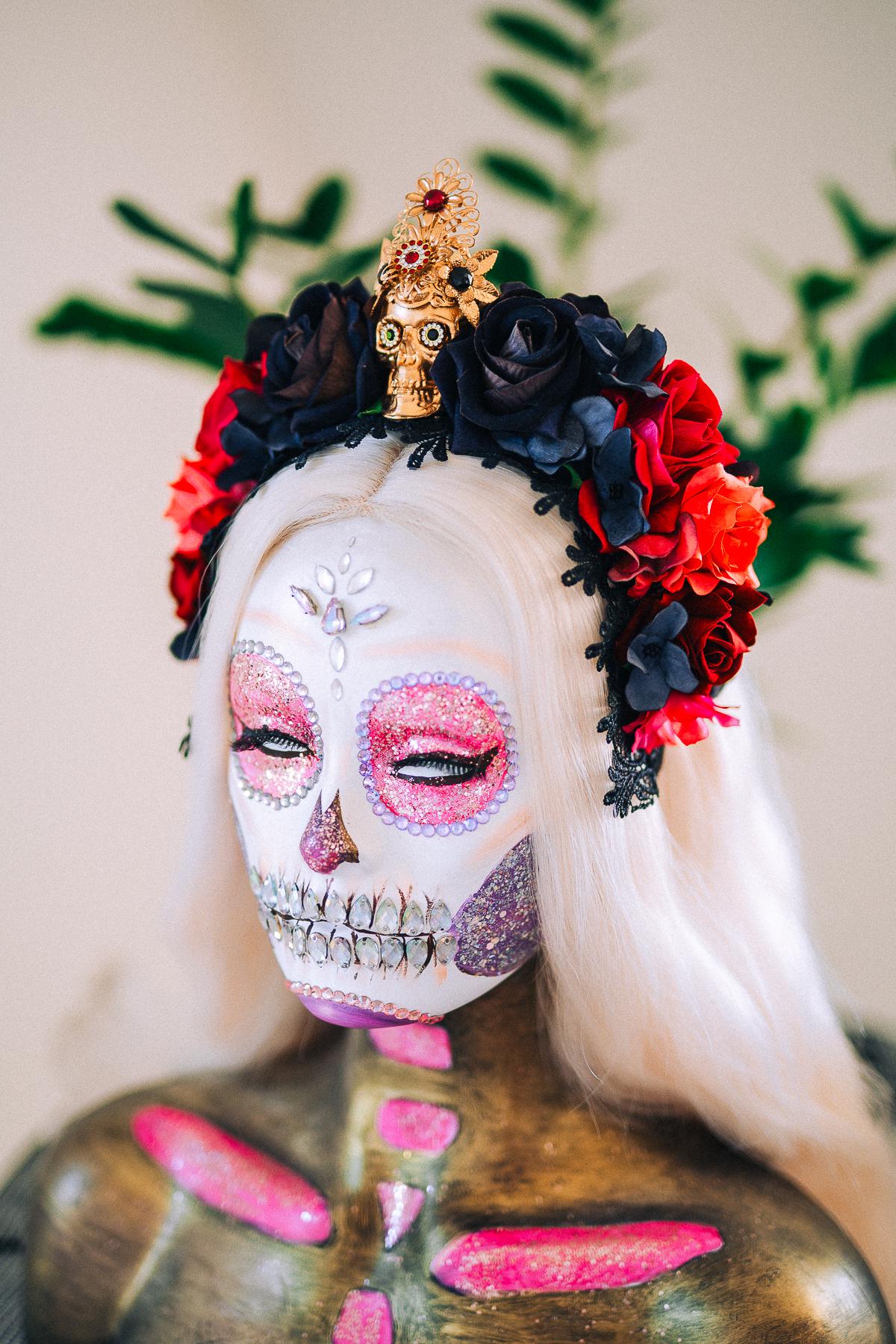 La Catrina Crimson Rose Crown, Día de los Muertos Floral Crown, Sugar Skull Headpiece, Mexican Flower Crown, Luxury Couture Crown