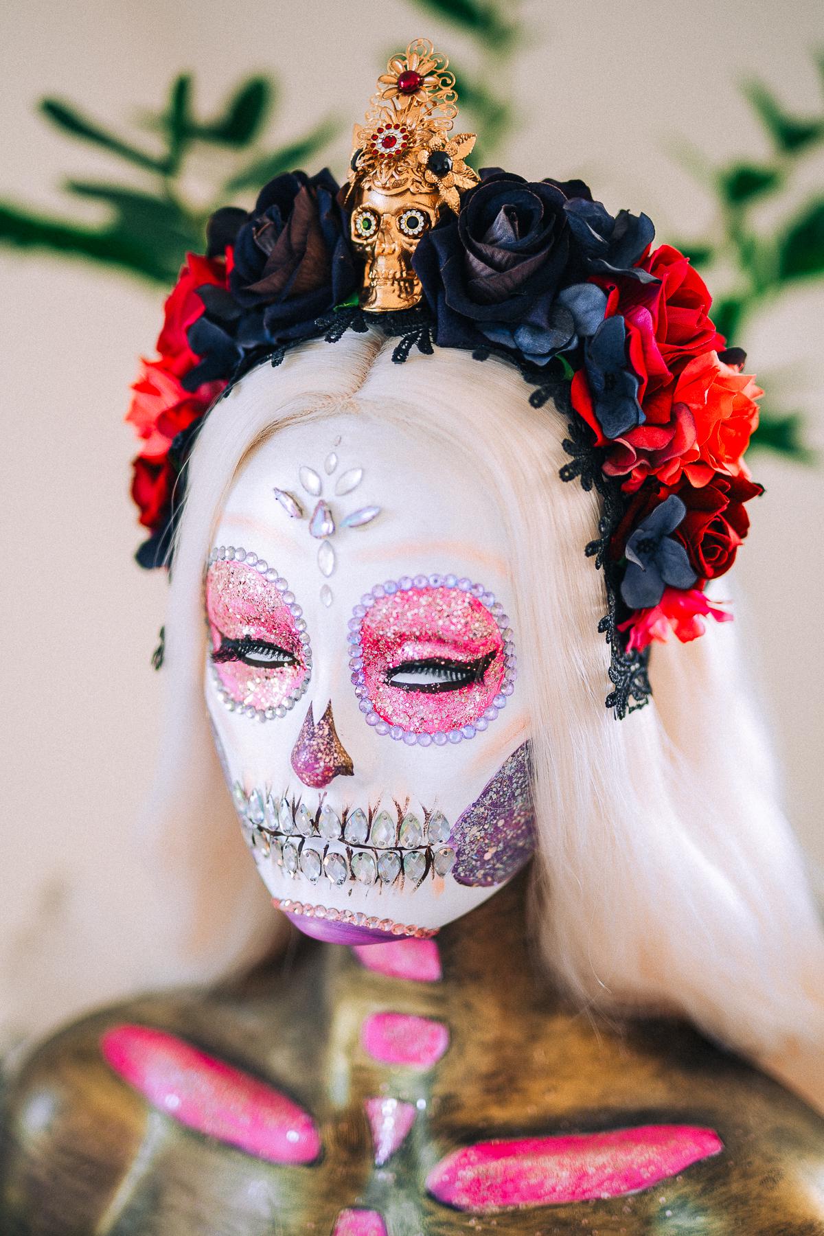 La Catrina Crimson Rose Crown, Día de los Muertos Floral Crown, Sugar Skull Headpiece, Mexican Flower Crown, Luxury Couture Crown