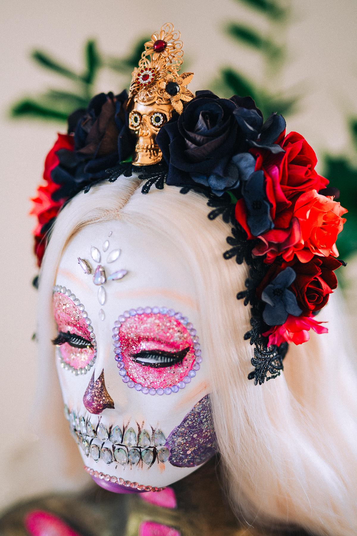 La Catrina Crimson Rose Crown, Día de los Muertos Floral Crown, Sugar Skull Headpiece, Mexican Flower Crown, Luxury Couture Crown