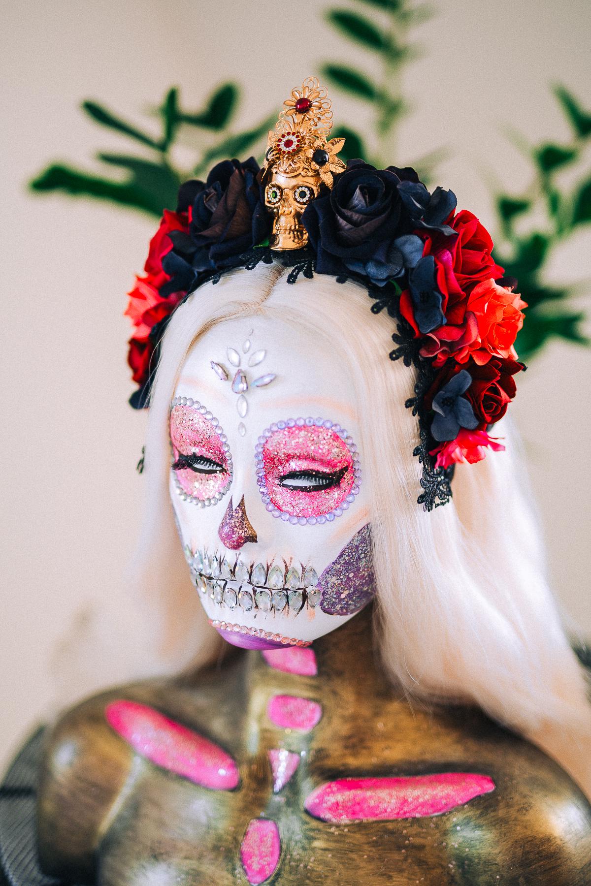 La Catrina Crimson Rose Crown, Día de los Muertos Floral Crown, Sugar Skull Headpiece, Mexican Flower Crown, Luxury Couture Crown