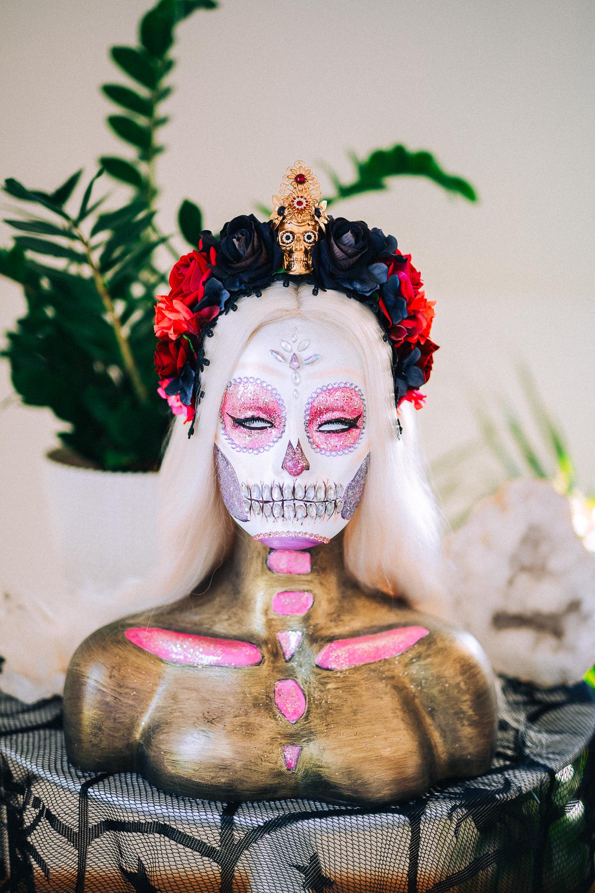 La Catrina Crimson Rose Crown, Día de los Muertos Floral Crown, Sugar Skull Headpiece, Mexican Flower Crown, Luxury Couture Crown