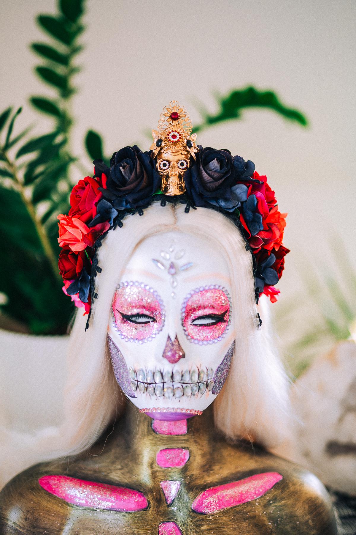 La Catrina Crimson Rose Crown, Día de los Muertos Floral Crown, Sugar Skull Headpiece, Mexican Flower Crown, Luxury Couture Crown