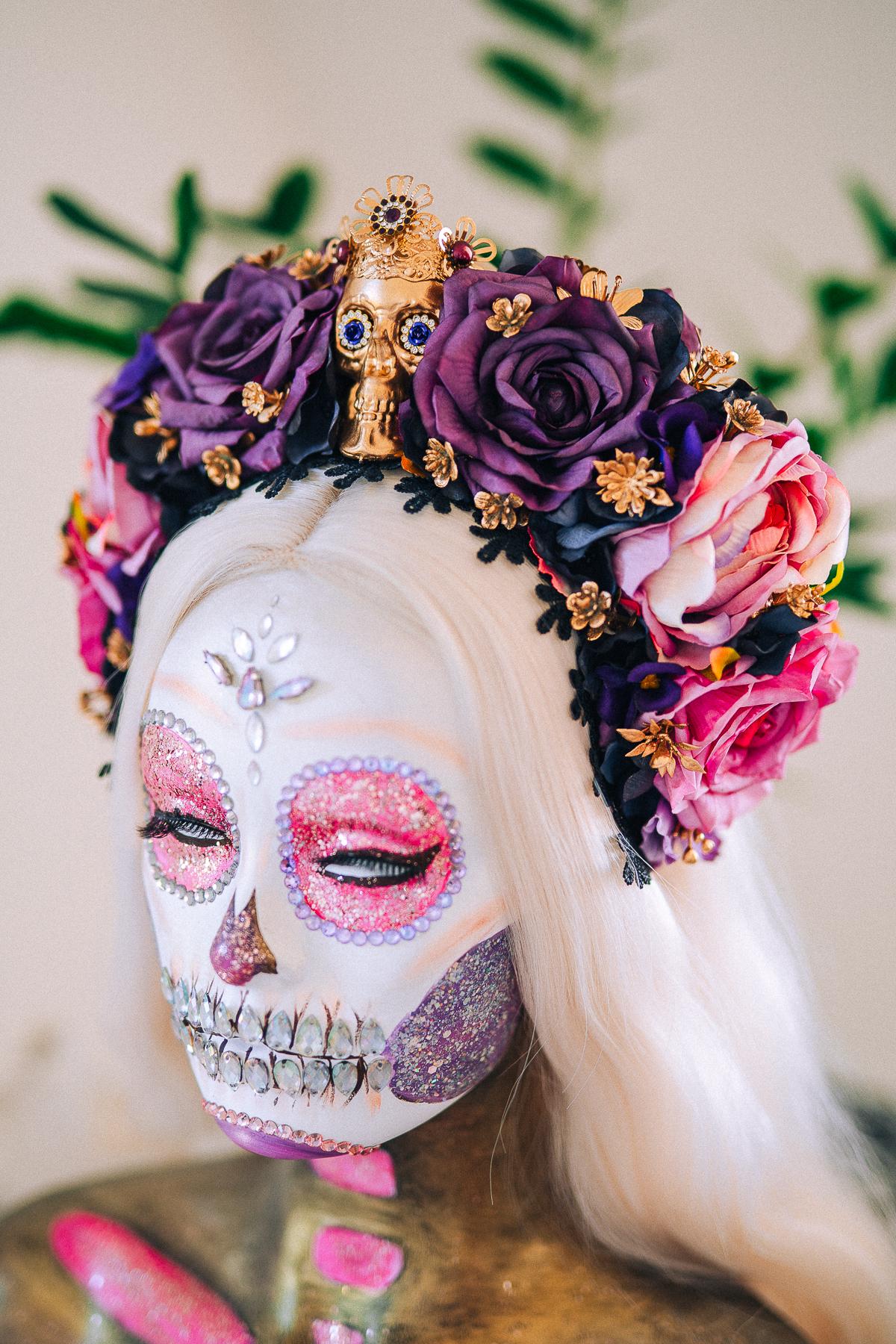 La Catrina Amethyst Bloom Crown, Día de los Muertos Floral Crown, Sugar Skull Headpiece, Mexican Flower Crown, Luxury Couture Crown
