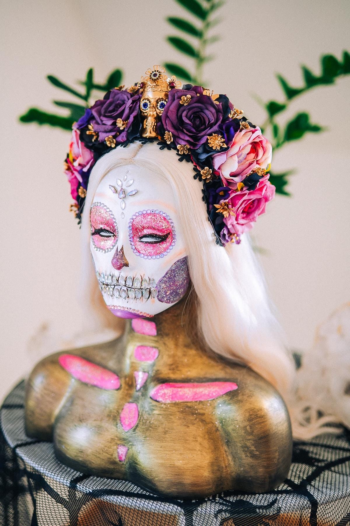 La Catrina Amethyst Bloom Crown, Día de los Muertos Floral Crown, Sugar Skull Headpiece, Mexican Flower Crown, Luxury Couture Crown