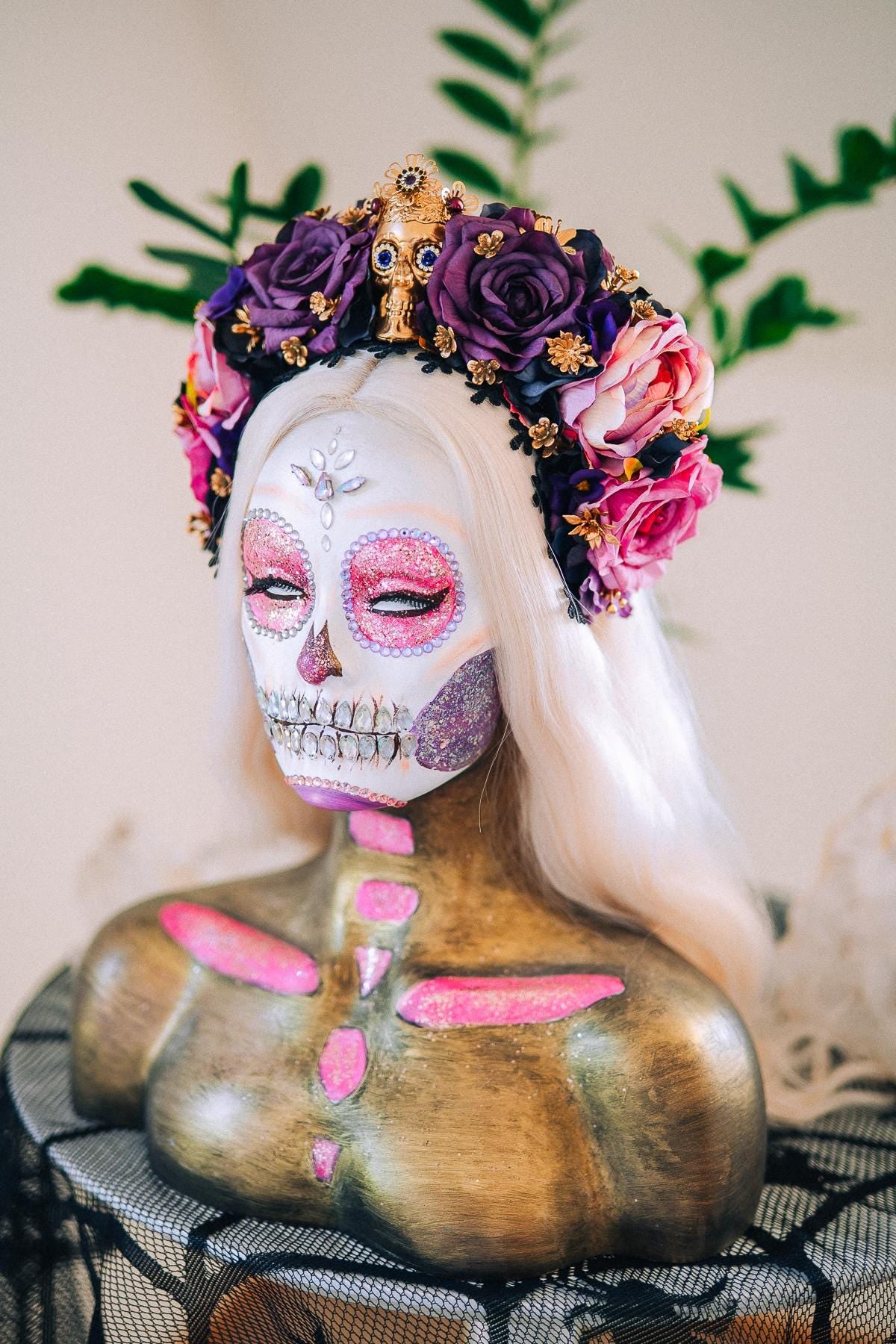 La Catrina Amethyst Bloom Crown, Día de los Muertos Floral Crown, Sugar Skull Headpiece, Mexican Flower Crown, Luxury Couture Crown
