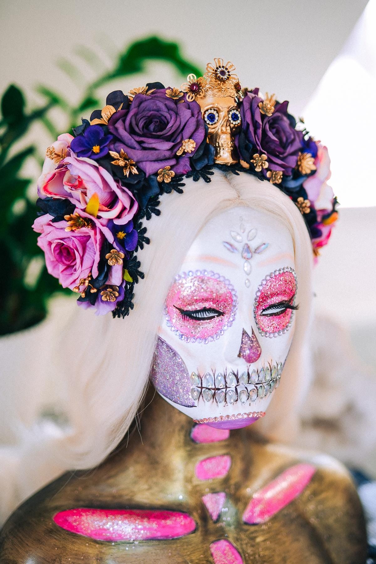 La Catrina Amethyst Bloom Crown, Día de los Muertos Floral Crown, Sugar Skull Headpiece, Mexican Flower Crown, Luxury Couture Crown