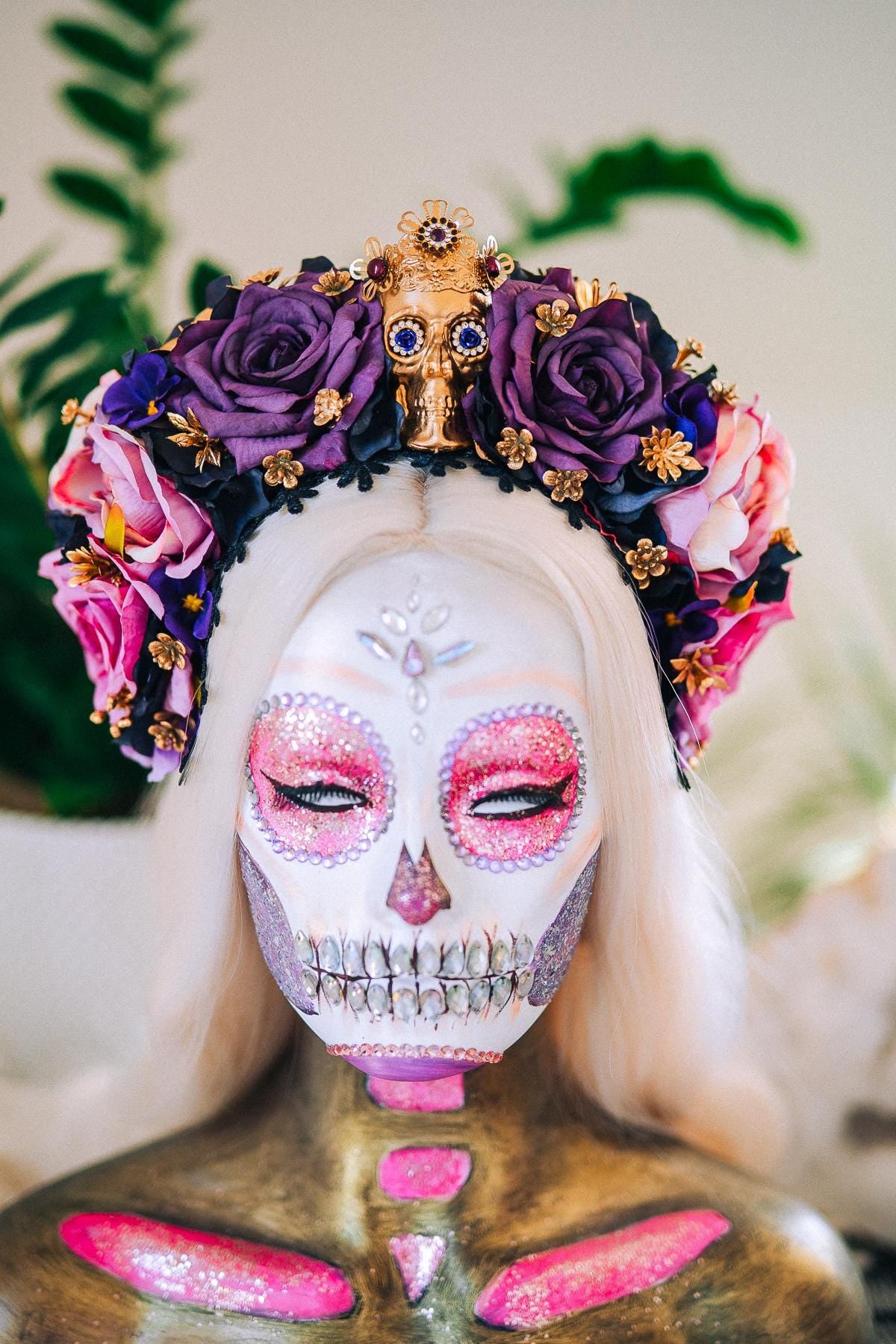 La Catrina Amethyst Bloom Crown, Día de los Muertos Floral Crown, Sugar Skull Headpiece, Mexican Flower Crown, Luxury Couture Crown