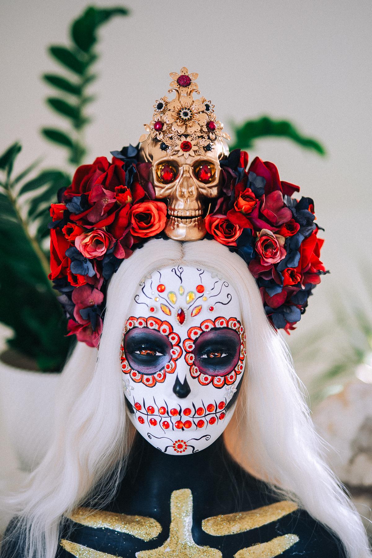 La Catrina Ruby Rose Crown, Día de los Muertos Floral Crown, Sugar Skull Headpiece, Mexican Flower Crown, Luxury Couture Crown
