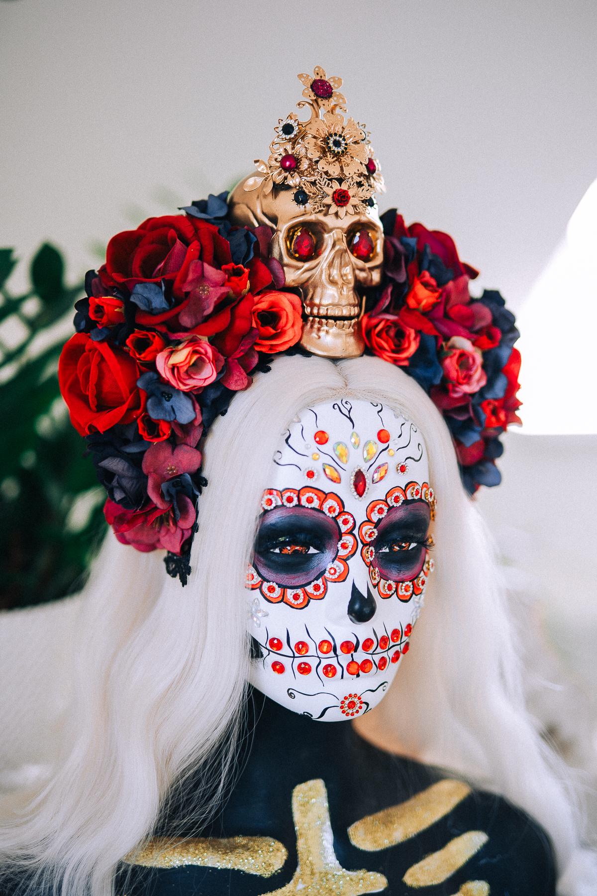La Catrina Ruby Rose Crown, Día de los Muertos Floral Crown, Sugar Skull Headpiece, Mexican Flower Crown, Luxury Couture Crown