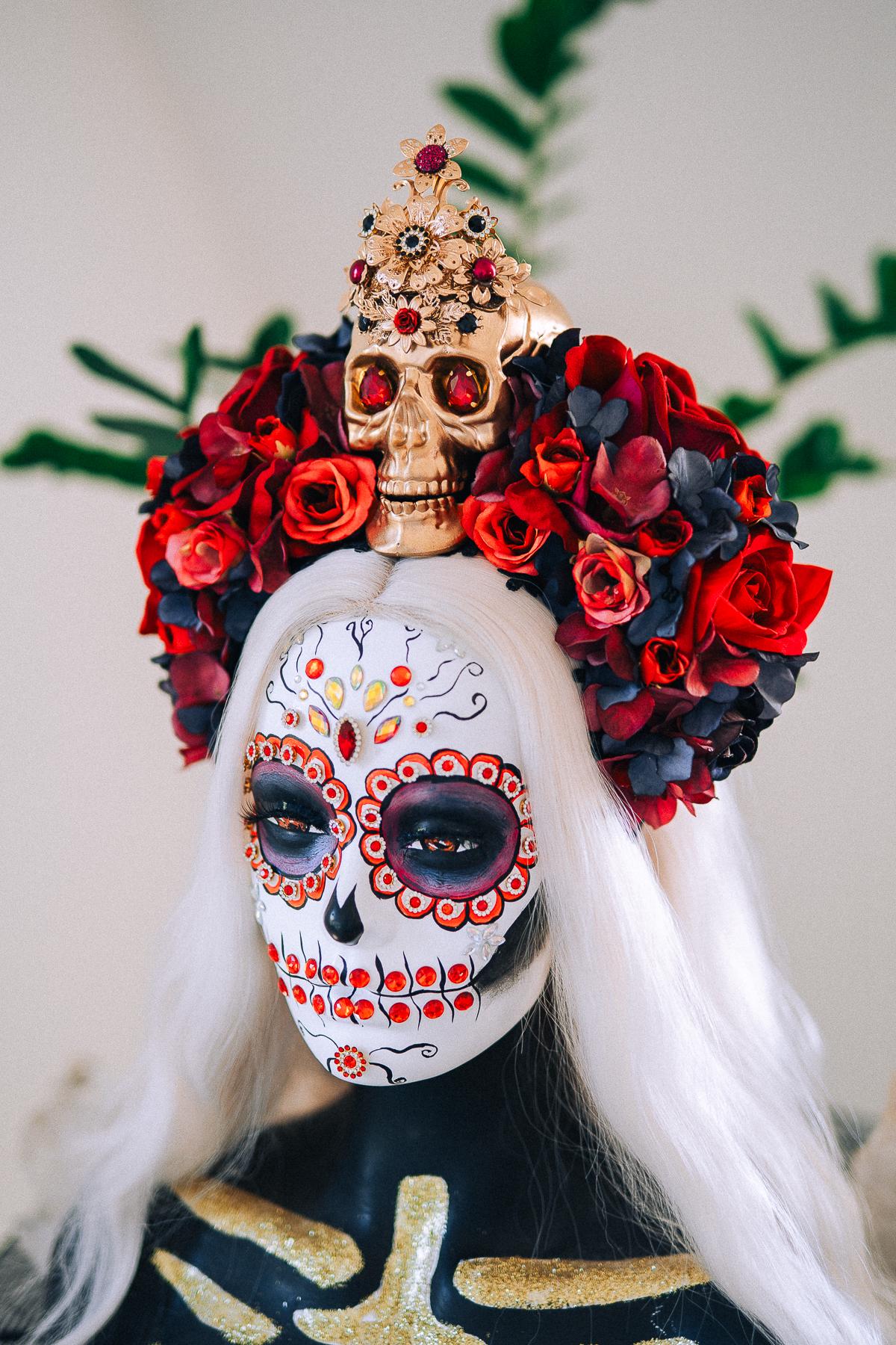 La Catrina Ruby Rose Crown, Día de los Muertos Floral Crown, Sugar Skull Headpiece, Mexican Flower Crown, Luxury Couture Crown
