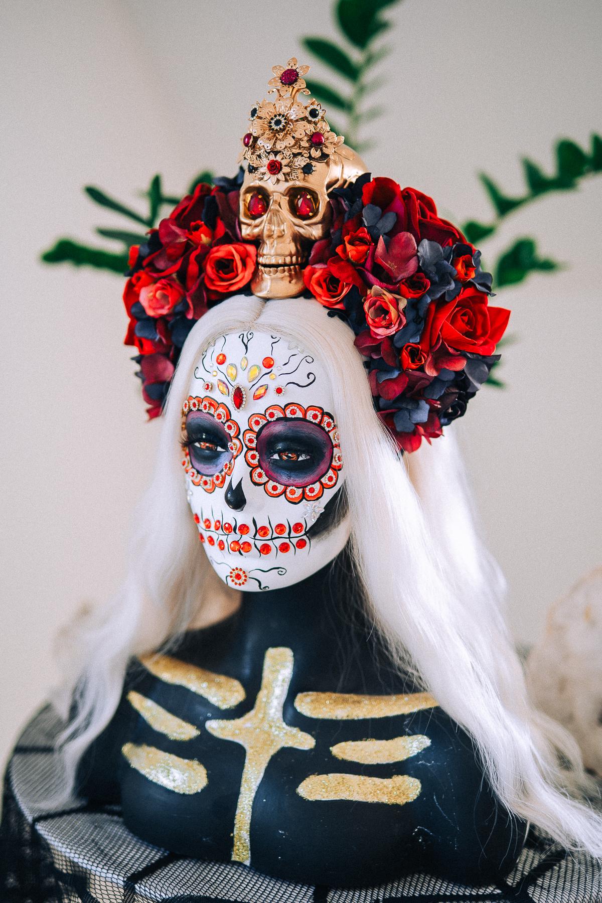 La Catrina Ruby Rose Crown, Día de los Muertos Floral Crown, Sugar Skull Headpiece, Mexican Flower Crown, Luxury Couture Crown