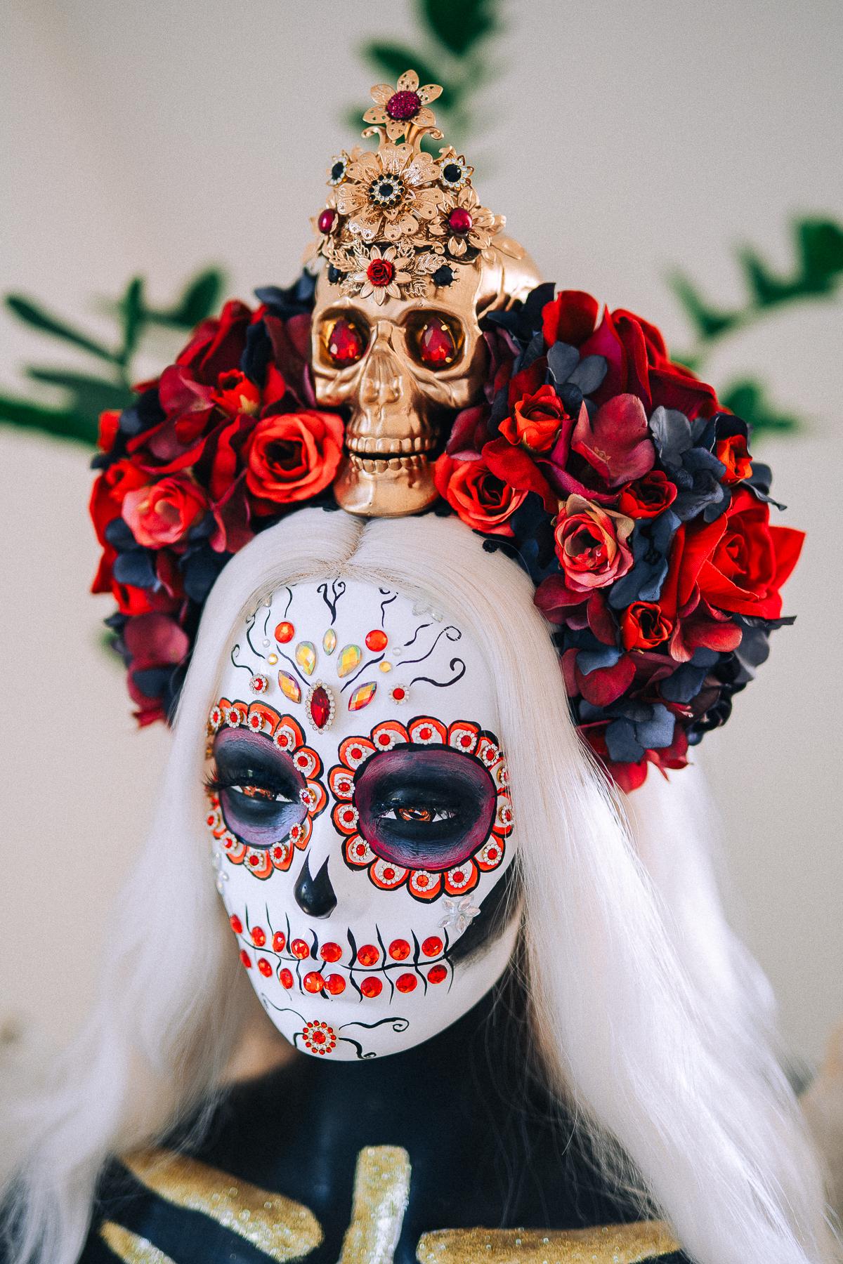 La Catrina Ruby Rose Crown, Día de los Muertos Floral Crown, Sugar Skull Headpiece, Mexican Flower Crown, Luxury Couture Crown